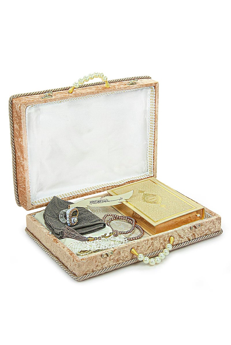 ihvan online Muslim Prayer Rug Set Islamic Dowry Gift Box for Men  Women Shawl Kufi Hat Digital Beads Counter Quran Gift Elegant Islamic Gifts Set for Ramadan  Eid  Wedding Gold