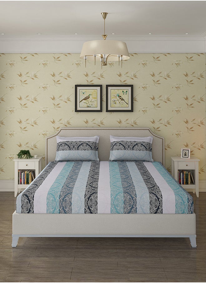 Status Contract Spring Summer Collection-Cotton Rich Double Bedsheet with 2 Pillow Covers for Bed Room, Home, Hotel-120 GSM, Blue-Black Stripes, 210 X 215 Cm  - Image 1