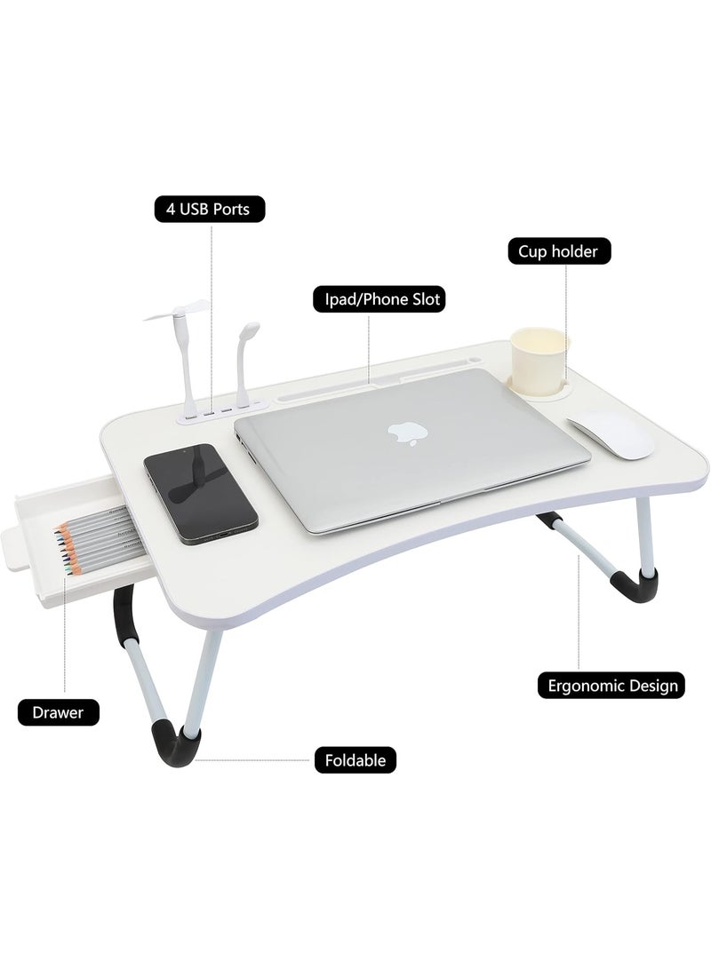 Arabest Laptop Bed Desk,Portable Foldable Laptop Tray Table with USB Charge Port/Cup Holder/Storage Drawer,for Bed /Couch /Sofa Working, Reading (White) - Image 2
