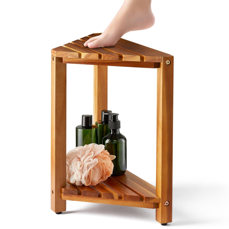 BLUEWEST Corner Shower Stool Wooden Corner Shower Bench for Shaving Legs Inside Shower Waterproof Shower Foot Rest with Storage Shelf Shower Seats and Benches