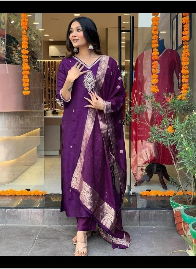 Generic - Womens Silk Blend Khatali Work Pattern Kurti Pant With Dupatta Set - Image 1