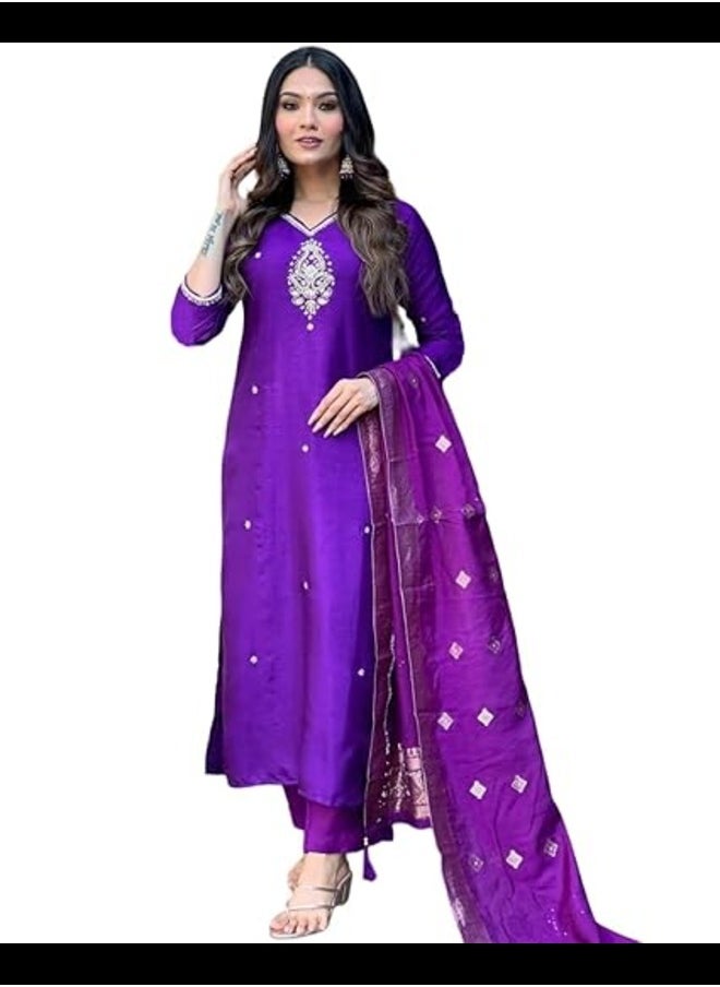 Generic - Womens Silk Blend Khatali Work Pattern Kurti Pant With Dupatta Set - Image 1