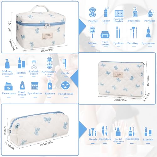 Gosect 3PC Makeup Bag Set, Quilted Makeup Bag, Large Floral Cosmetic Bag for Women, Cute Cotton Makeup Bags, Flower Travel Toiletry Organizer Bag (White and Blue Bow) - Image 2