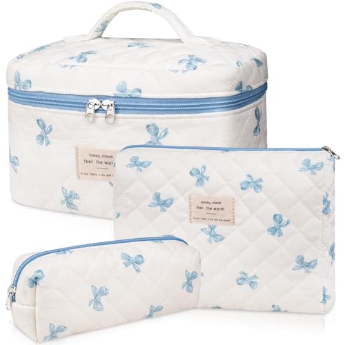 Gosect 3PC Makeup Bag Set, Quilted Makeup Bag, Large Floral Cosmetic Bag for Women, Cute Cotton Makeup Bags, Flower Travel Toiletry Organizer Bag (White and Blue Bow) - Image 1