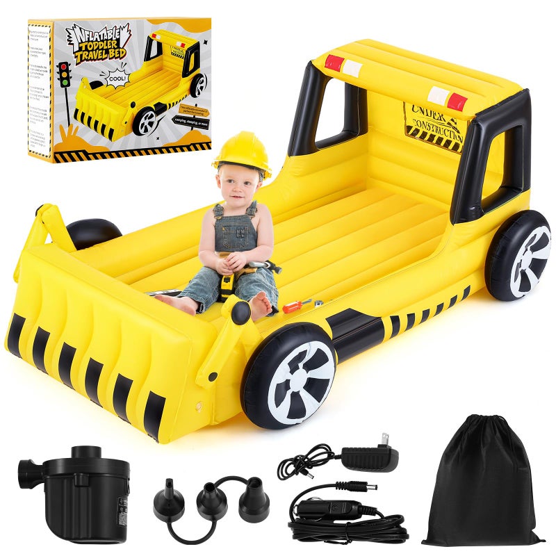 Relaxgiant Yellow Excavator Inflatable Kids Bed, Toddler Travel Bed with Safety Bumper and Air Mattress Portable Air Mattress with Pump for Kids Vacation Hotel Home Sleepover Birthday Gift - Image 1