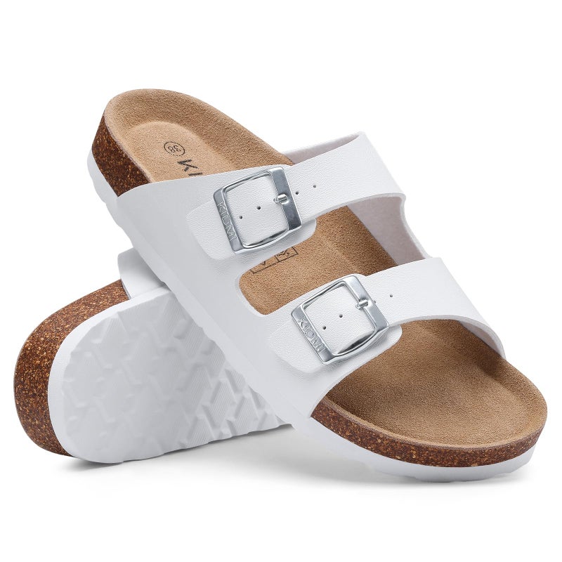 KIDMI Unisex Genuine Suede Summer Sandals Arch Support Cork Footbed Slide Sandals with Double Adjustable Buckle for Women Men, White 39 - Image 4