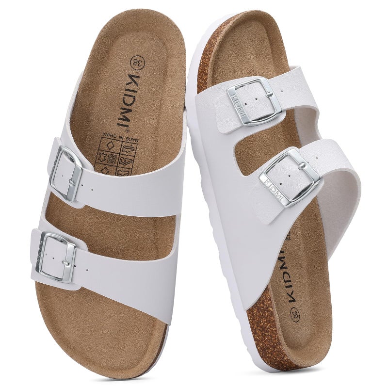 KIDMI Unisex Genuine Suede Summer Sandals Arch Support Cork Footbed Slide Sandals with Double Adjustable Buckle for Women Men, White 39 - Image 1