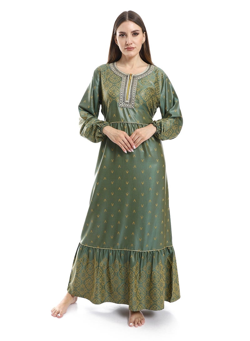 Jacquard Cotton Dress with Cerma Embroidered Chest and Zipper - 603 Green - Image 1