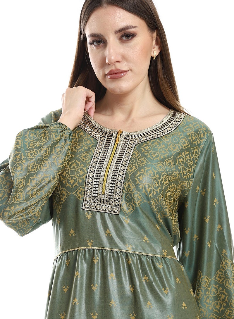 Jacquard Cotton Dress with Cerma Embroidered Chest and Zipper - 603 Green - Image 4