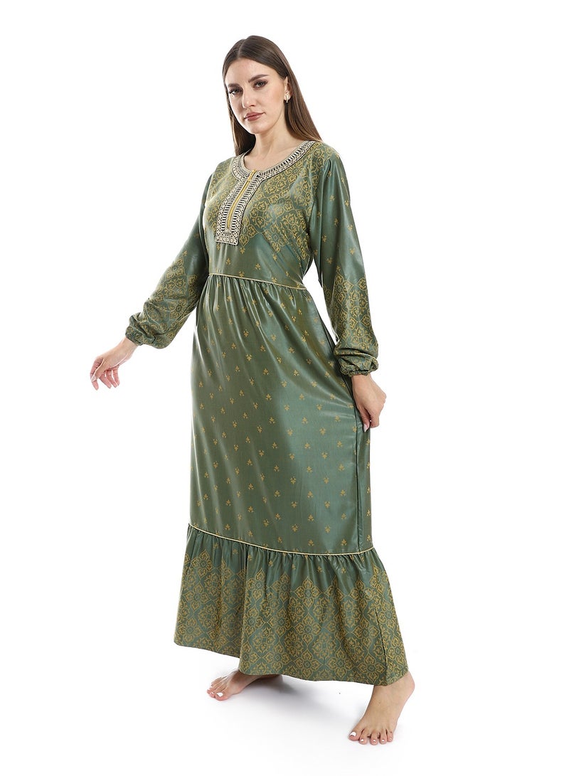 Jacquard Cotton Dress with Cerma Embroidered Chest and Zipper - 603 Green - Image 3