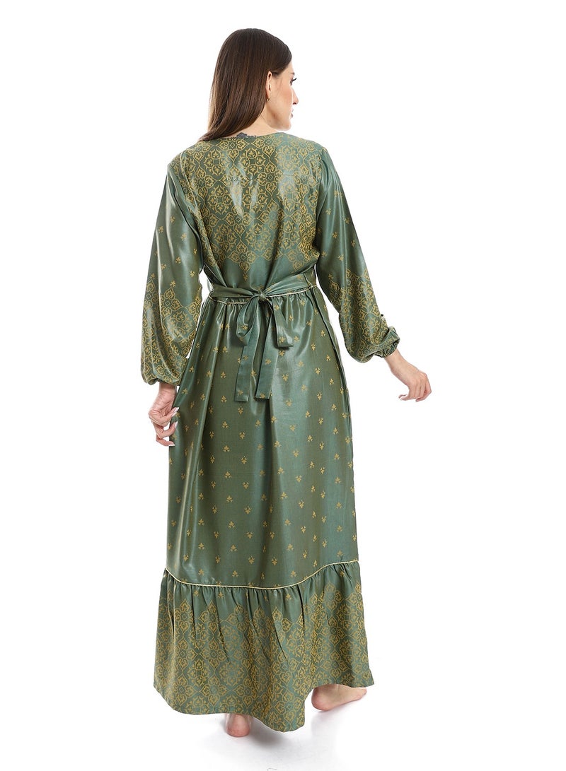 Jacquard Cotton Dress with Cerma Embroidered Chest and Zipper - 603 Green - Image 2