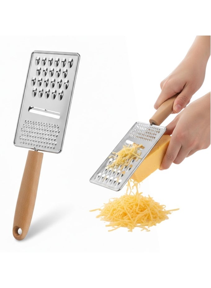 STAINLESS STEEL HAND GRATER WITH WOODEN HANDLE, MULTI-PURPOSE CHEESE & VEGETABLE GRATER FOR GINGER, GARLIC, LEMON ZEST, CHOCOLATE & VEGETABLES  SHARP DURABLE BLADES, ERGONOMIC GRIP, RUST-RESISTANT KITCHEN GRATING TOOL
