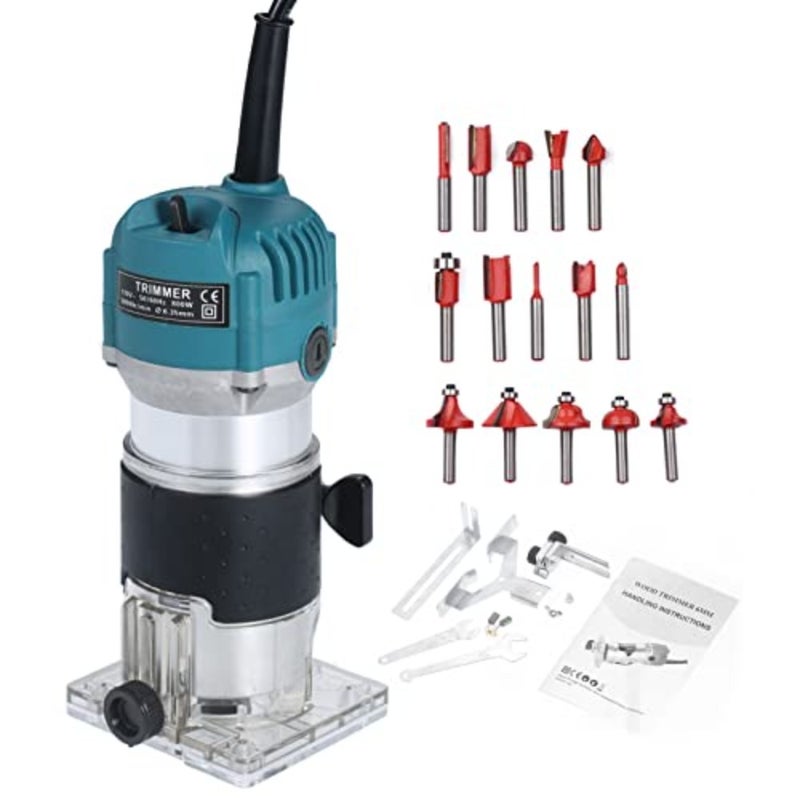 Electric router, 800W Compact Wood Router Tool Set 220V Electric Trimmer Wood Router with 15pcs Router Bits, EU Plug - Image 1