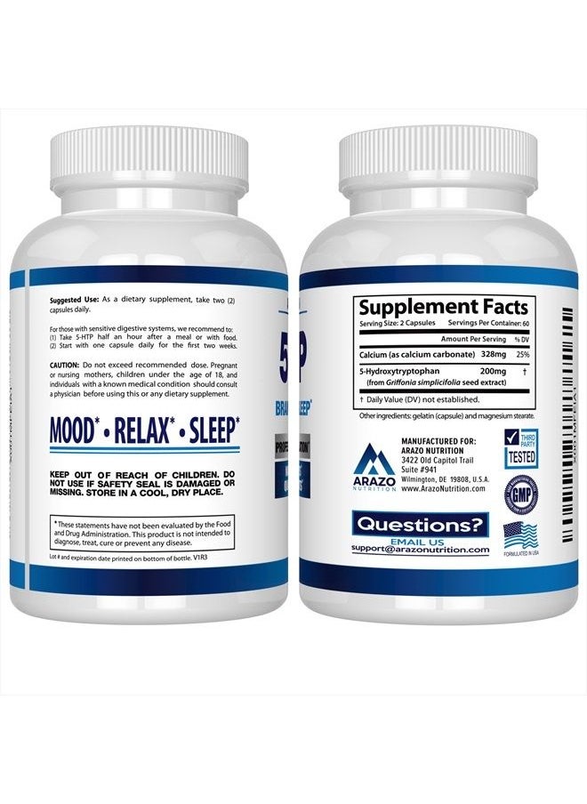 Arazo Nutrition - 5-HTP 200mg Plus Calcium for Mood, Sleep – Supports Calm and Relaxed Mood – 99% High Purity – 120 Capsules – Arazo Nutrition - Image 1