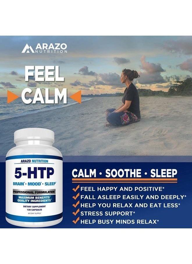 Arazo Nutrition - 5-HTP 200mg Plus Calcium for Mood, Sleep – Supports Calm and Relaxed Mood – 99% High Purity – 120 Capsules – Arazo Nutrition - Image 1