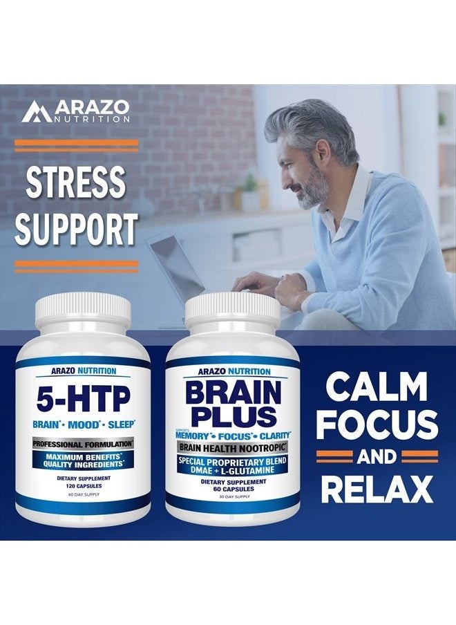 Arazo Nutrition - 5-HTP 200mg Plus Calcium for Mood, Sleep – Supports Calm and Relaxed Mood – 99% High Purity – 120 Capsules – Arazo Nutrition - Image 1