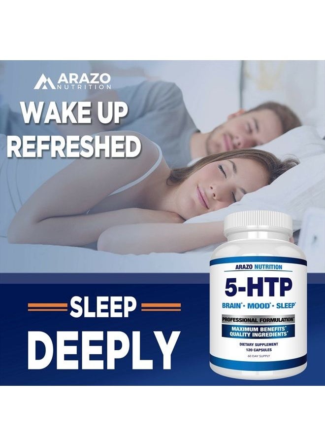 Arazo Nutrition - 5-HTP 200mg Plus Calcium for Mood, Sleep – Supports Calm and Relaxed Mood – 99% High Purity – 120 Capsules – Arazo Nutrition - Image 1