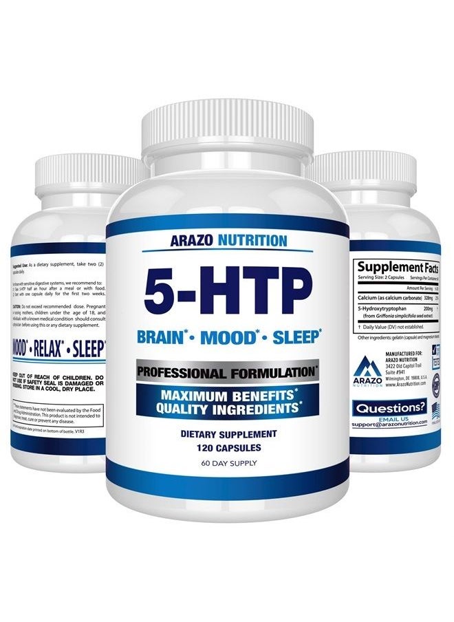 Arazo Nutrition - 5-HTP 200mg Plus Calcium for Mood, Sleep – Supports Calm and Relaxed Mood – 99% High Purity – 120 Capsules – Arazo Nutrition - Image 1