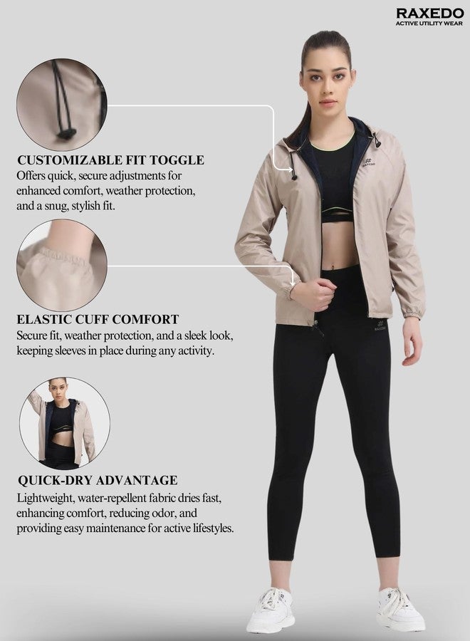 RAXEDO Lightweight Water Resistant jacket for Women Bike Riding, Windcheaters for Women, Lightweight Standard Length Jacket, Perfect For Any Adventure, Hiking, Sports, Biking (L, Beige) - Image 5
