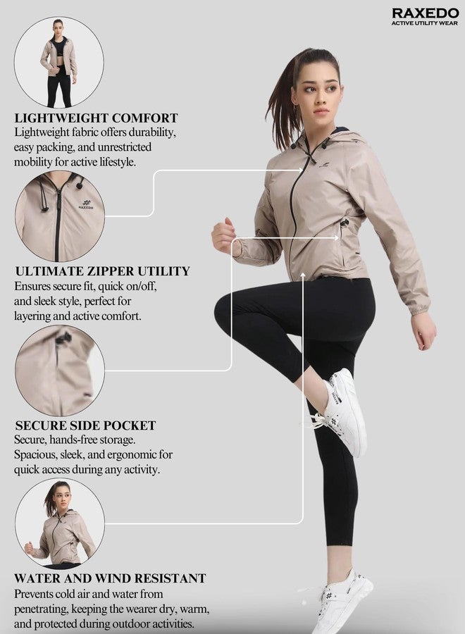 RAXEDO Lightweight Water Resistant jacket for Women Bike Riding, Windcheaters for Women, Lightweight Standard Length Jacket, Perfect For Any Adventure, Hiking, Sports, Biking (L, Beige) - Image 4