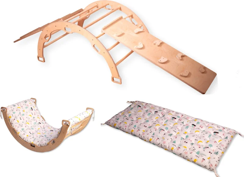 Kidoppo Pikler Climbing Set Montessori Play Set and Flamingo Patterned Pillow | Pikler Activity Center Arch & 2 Ramps + Flamingo Patterned Pillow