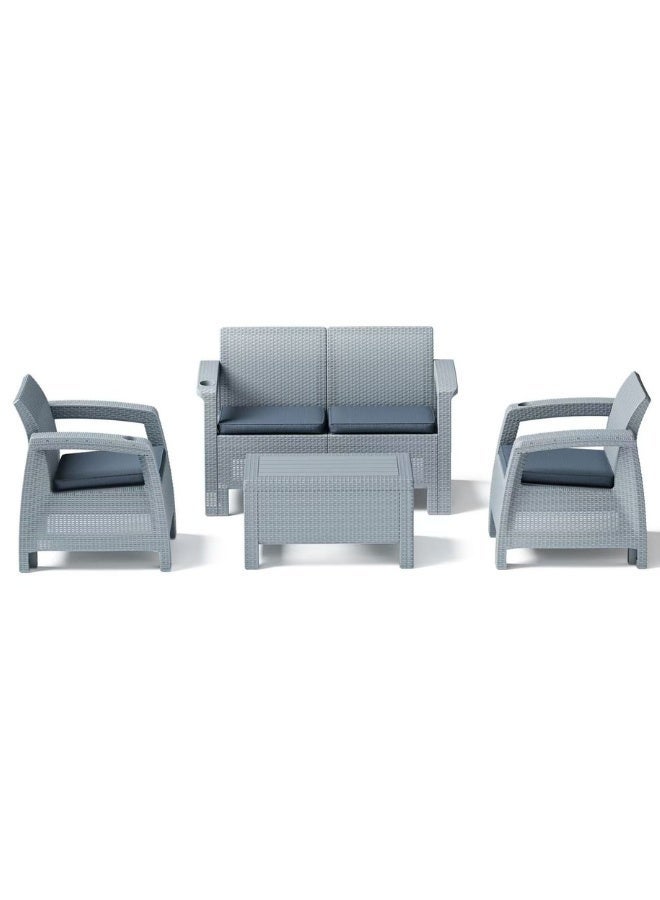 ثري ام بلاست طقم كنبة خارجية 4 مقاعد – هيكل بلاستيك فضي مع وسائد رمادية، طاولة قهوة وحوامل أكواب مدمجة - Image 2