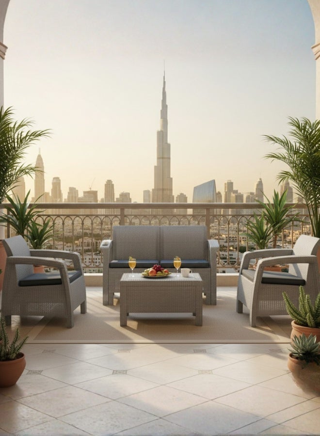 ثري ام بلاست طقم كنبة خارجية 4 مقاعد – هيكل بلاستيك فضي مع وسائد رمادية، طاولة قهوة وحوامل أكواب مدمجة - Image 1