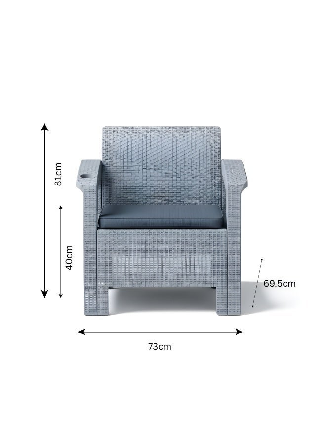 ثري ام بلاست طقم كنبة خارجية 4 مقاعد – هيكل بلاستيك فضي مع وسائد رمادية، طاولة قهوة وحوامل أكواب مدمجة - Image 5