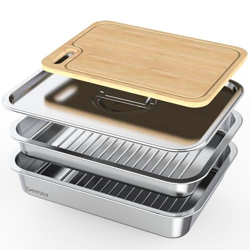 Geesta Grilling Prep and Serve Tays Stainless Steel Large Capacity Food Prep Tray Grill Carry System Marinade Container with Lid and Cutting BoardBBQ Grill Accessories Grilling Gifts for Men - Image 1
