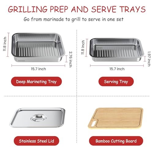 Geesta Grilling Prep and Serve Tays Stainless Steel Large Capacity Food Prep Tray Grill Carry System Marinade Container with Lid and Cutting BoardBBQ Grill Accessories Grilling Gifts for Men - Image 3