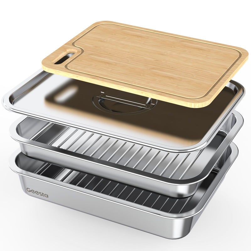 Geesta Grilling Prep and Serve Tays Stainless Steel Large Capacity Food Prep Tray Grill Carry System Marinade Container with Lid and Cutting BoardBBQ Grill Accessories Grilling Gifts for Men - Image 2
