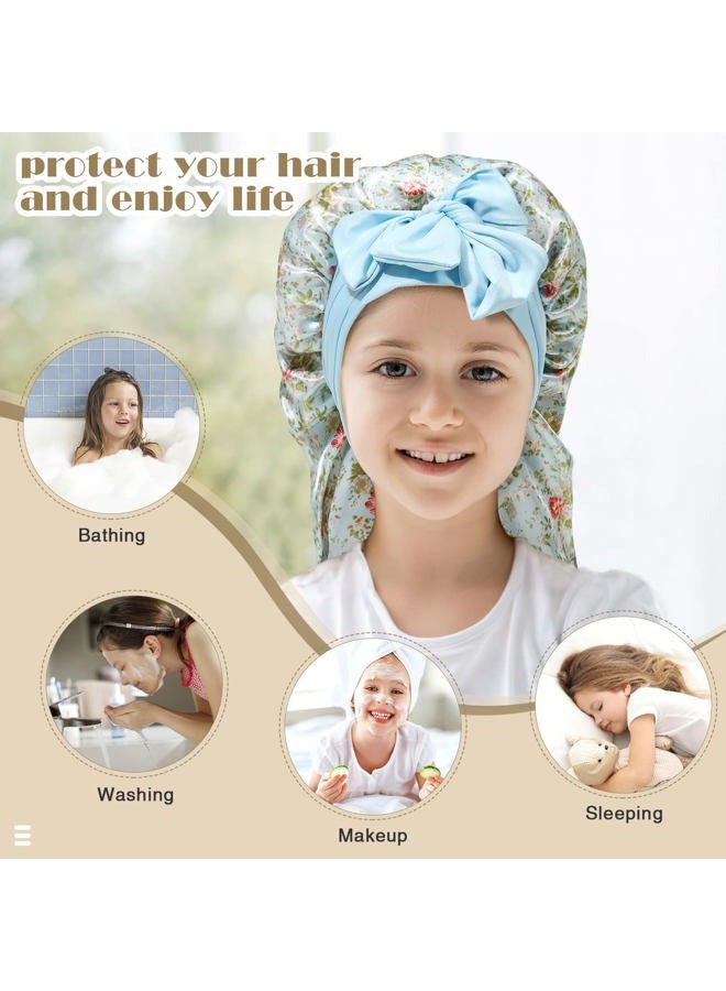 AWAYTR Kids Long Hair Bonnet for Sleeping - Double Layer Girls Elastic Satin Bonnet with Tie Band for Braid Curly Hair (Blue flower+Beige) - Image 5