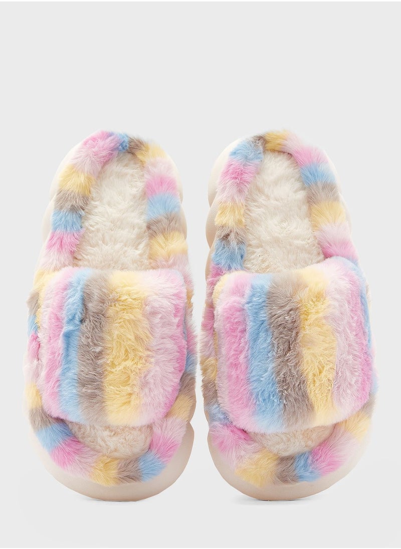 Ginger - Pastel Stripe Furry Bedroom Slippers - Image 1