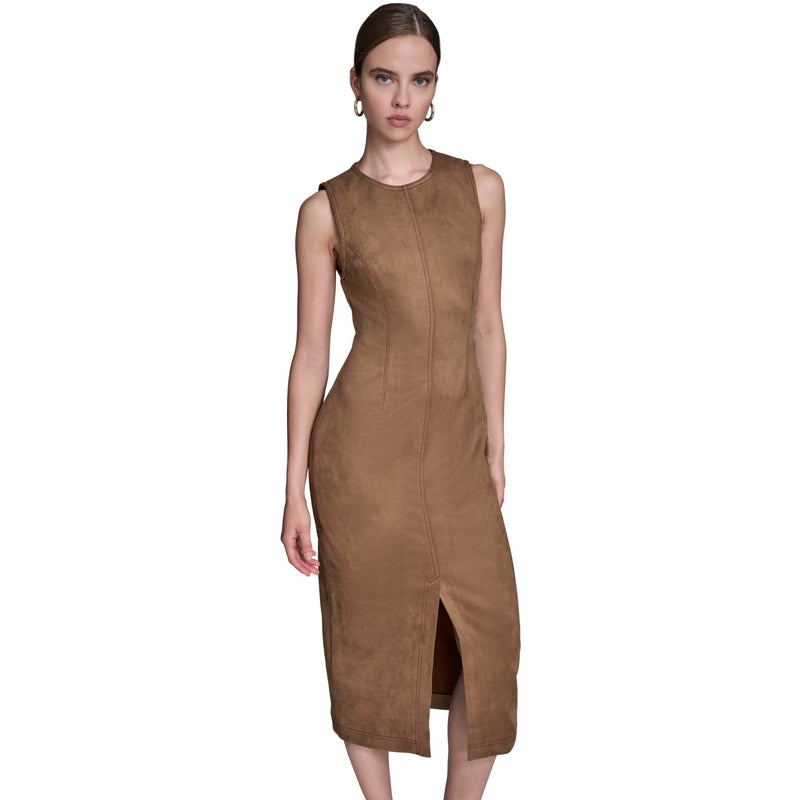 BCBG Women's Jewel Neck Sleeveless Front Slit Midi Dress, Camel - Image 1