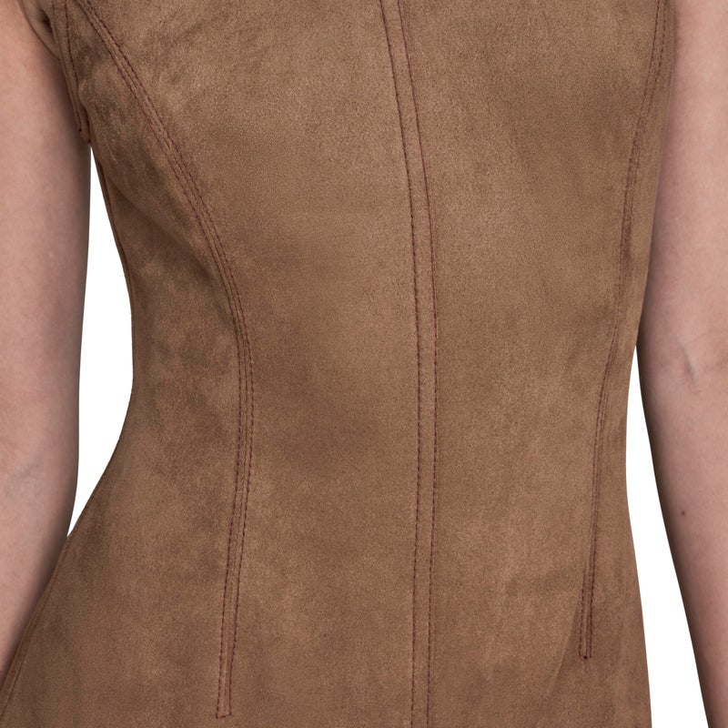 BCBG Women's Jewel Neck Sleeveless Front Slit Midi Dress, Camel - Image 2