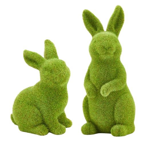Zensounding Decorative Decorations for Easter Bunny Gifts, Moss Green Flocking Sculpture, Garden Courtyard Family Gathering Celebration Decorations (Small 2PCS Standing+Sitting) - Image 1