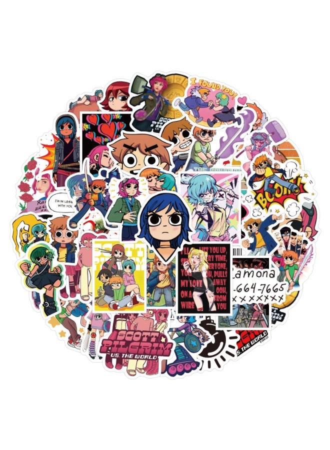NIBEMINENT 55 Pcs Scott Pilgrim Deco Kit Waterproof Stickers, High Definition Printing Bright Colors, Suitable for Laptop Skateboard Luggage Water Bottle Guitar DIY - Image 1