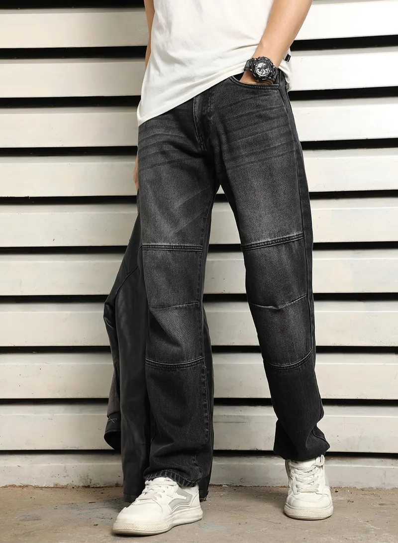 Men's Black 100% Cotton Bleached Full Length Straight Fit Jeans