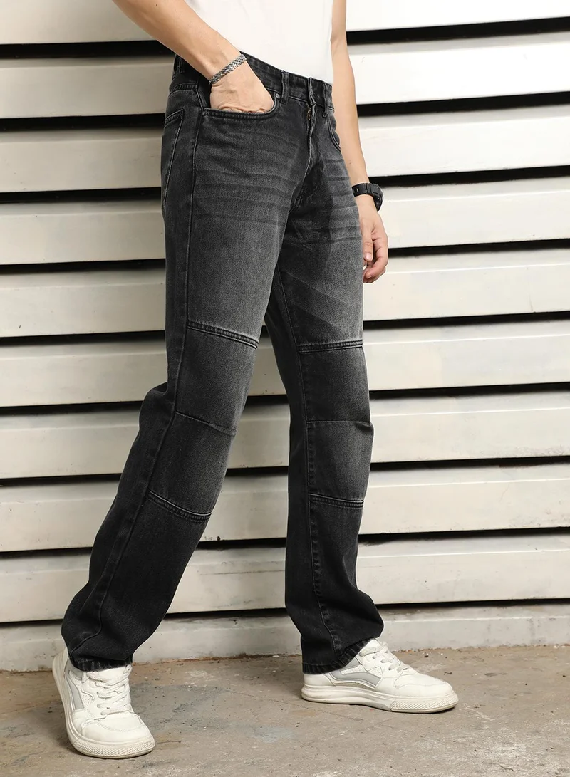 HIGH STAR  Men's Black 100% Cotton Bleached Full Length Straight Fit Jeans for Men | Best Price UAE