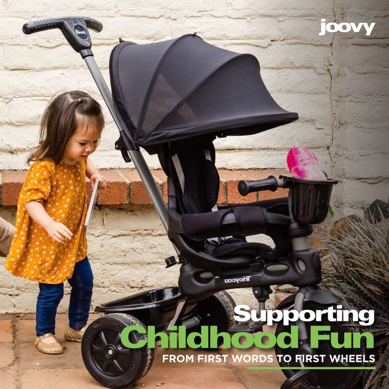 Joovy Tricycoo 4.1 Kids Tricycle with 4-Stages Featuring Extra-Wide Front Tire, Removable and Adjustable Parent Handle, Safety Harness, Machine-Washable Seat Pad, and Retractable Canopy (Black) - Image 4