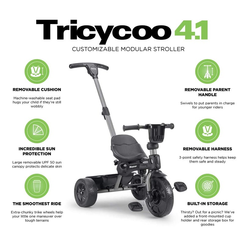 Joovy Tricycoo 4.1 Kids Tricycle with 4-Stages Featuring Extra-Wide Front Tire, Removable and Adjustable Parent Handle, Safety Harness, Machine-Washable Seat Pad, and Retractable Canopy (Black) - Image 5