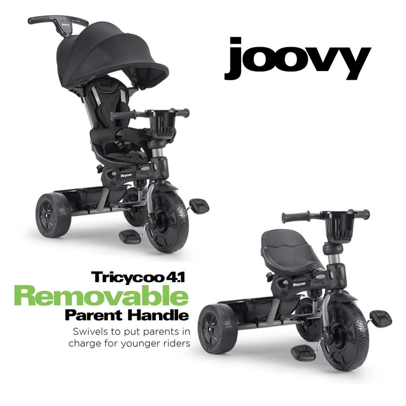 Joovy Tricycoo 4.1 Kids Tricycle with 4-Stages Featuring Extra-Wide Front Tire, Removable and Adjustable Parent Handle, Safety Harness, Machine-Washable Seat Pad, and Retractable Canopy (Black) - Image 3