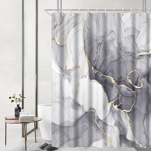 Ruelvth Grey Shower Curtain Ombre Light Grey Marble Shower Curtain Set Modern Aesthetic Gray Ink Texture Waterproof Bathroom Curtain with Hooks 72x72 Inch - Image 3