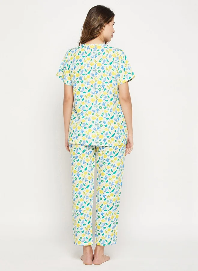 Clovia Clovia Pretty Florals Layered Feeding Top & Pyjama Set in White - Rayon