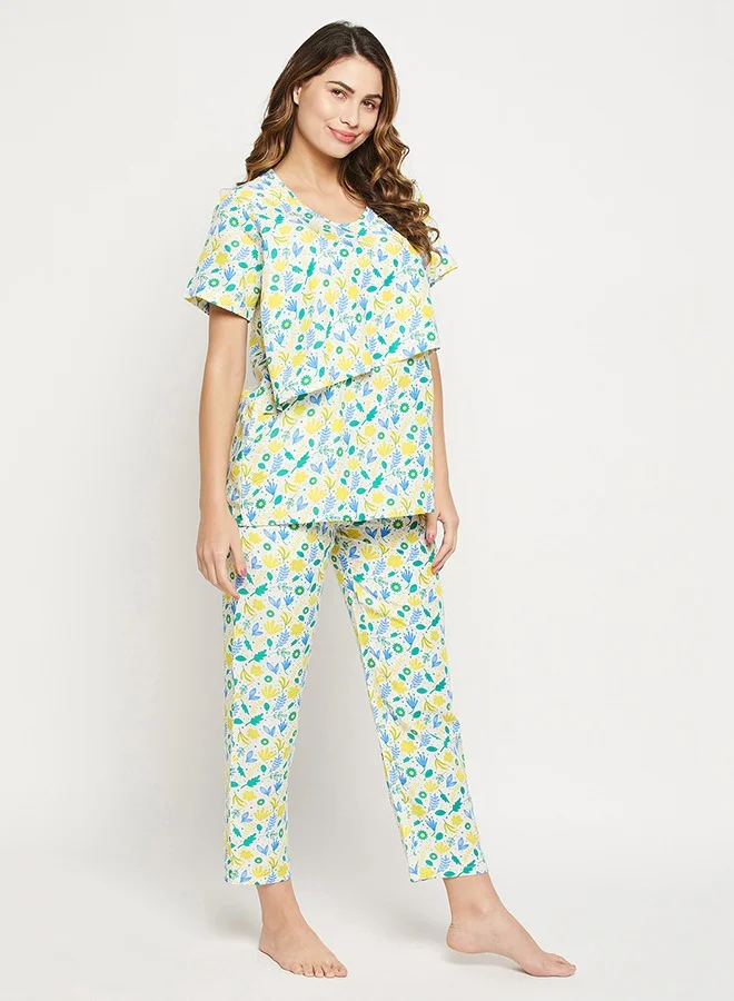 Clovia Clovia Pretty Florals Layered Feeding Top & Pyjama Set in White - Rayon