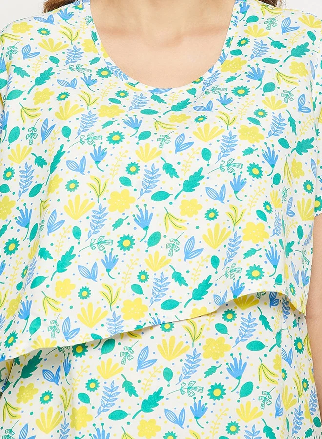 Clovia Clovia Pretty Florals Layered Feeding Top & Pyjama Set in White - Rayon