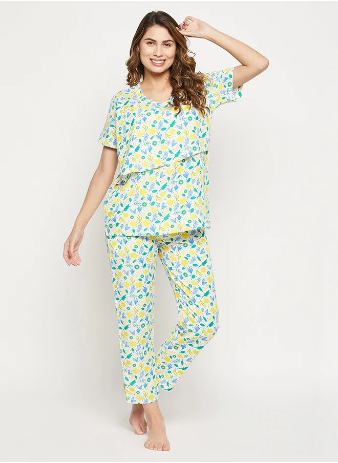 كلوفيا Clovia Pretty Florals Layered Feeding Top & Pyjama Set in White - Rayon