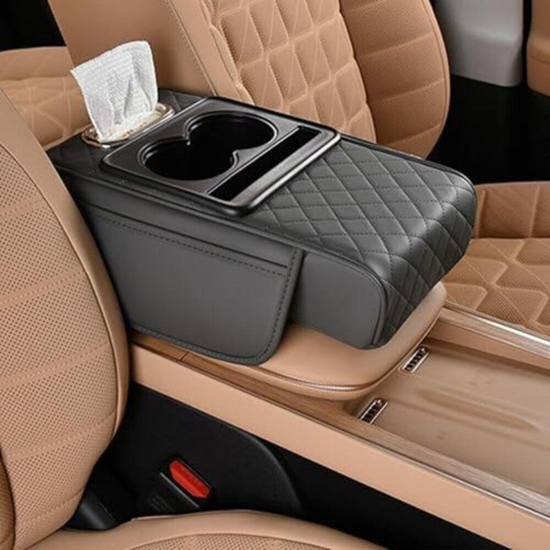 Genaric Multifunctional Car Center Console Cover with Comfort Cushion, Cup Holder, Tissue Box, and Side Pockets for Enhanced Armrest Support - Grey - Image 1