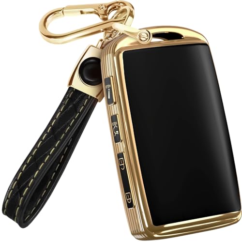 Lucrum for Mazda CX5 Key Fob Cover and Leather Keychain - TPU Key Case for Mazda 3, 6, CX-5, CX-9, CX-30, CX-50, CX-70-2019-2024 Keyfob Cover Compatible with WAZSKE11D0 - Black and Gold - Image 1