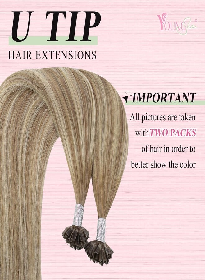 YoungSee U Tip Hair Extensions Medium Brown Balayage Platinum Blonde Pre Bonded Utip Hair Extensions Keratin Hair Extensions Fusion Utip Hair Real Stragiht Hair Extensions Straight Hair 50g 50s 20in - Image 2